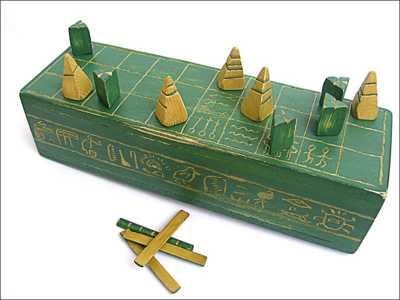 Senet, with box, game pieces and throwing sticks.