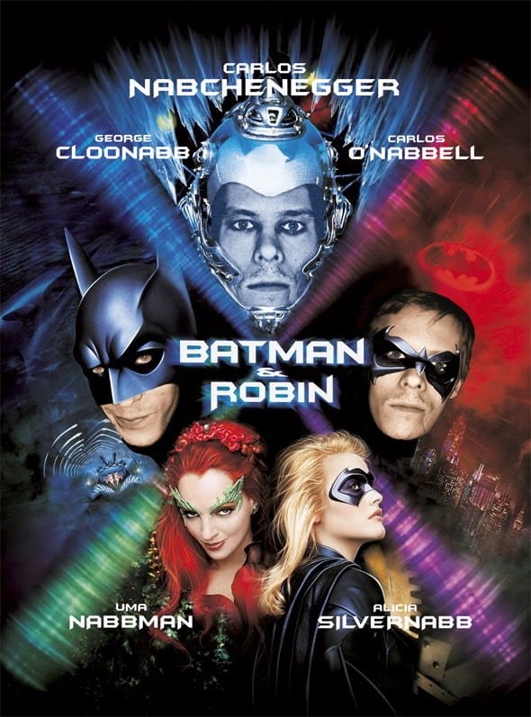 The DVD cover for Batman and Robin, featuring stars such as Carlos Nabchenegger and George Cloonabb.