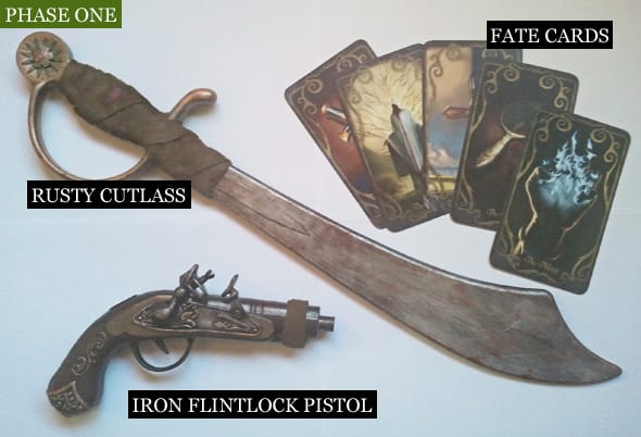 Custom props of a rusty cutlass and an iron flintlock pistol.