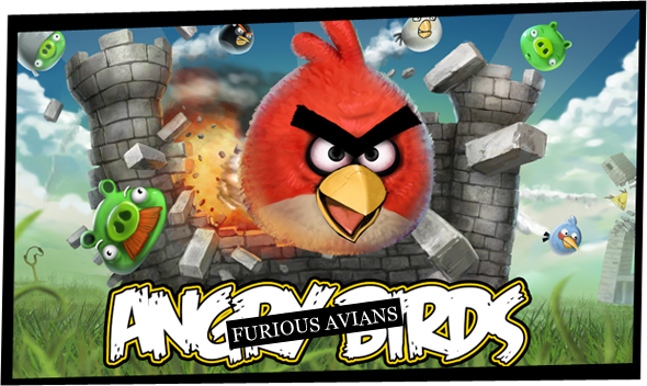 The title screen for Angry Birds, a red bird smashing through a castle, green pigs flying everywhere.