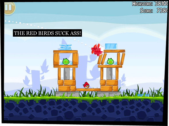 Screenshot depicting Angry Birds being played, a red bird hitting the wooden structure keeping the green pigs safe.