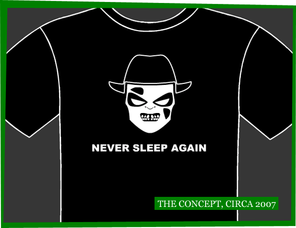 A T-shirt mockup showing a highly simplified Freddy Krueger in white, set against a black t-shirt.