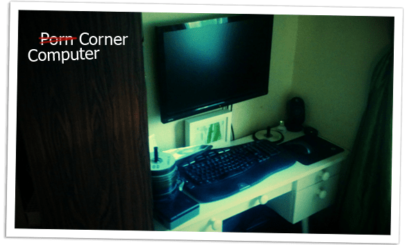 The corner with our computer, wall-mounted monitor and all.