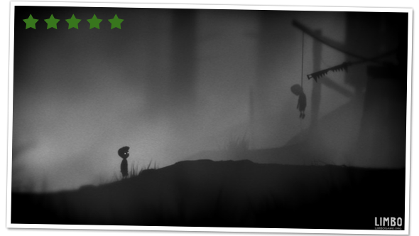 Screenshot of the main character from LIMBO standing and looking at a boy, hanging by a noose from wooden ledge.