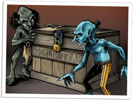 A cartoon drawing of goblins standing next to a wooden crate.