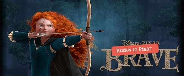 Merida, voiced by Kelly Macdonald, pulling back her bow and arrow to fire an arrow.