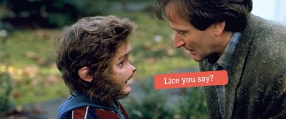 Bradley Pierce as Peter and Robin Williams as Alan sharing a tender moment as Peter has been transformed into a monkey and his new-found tail is itching.