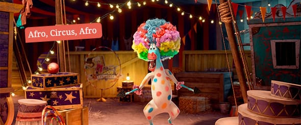 Marty the zebra, voiced by Chris Rock, singing afro circus afro circus whilst in full clown costume.