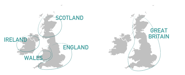 A map depicting the geographic regions of Ireland, Wales, Scotland and England.