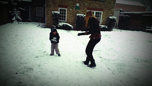 Lucien and Rebecka having a snowball fight.