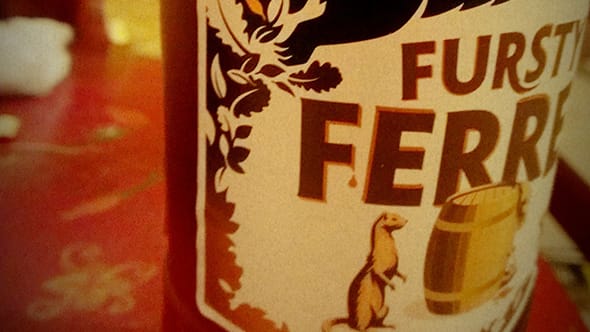 Close up of the label of an ale called Fursty Ferret.