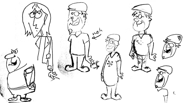 Sketches showing the evolution of the character, one looking like a direct replica of Fred Flintstone.