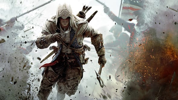 Ratonhnhaké:ton, the main protagonist from Assassin's Creed III, running through explosions and debris.