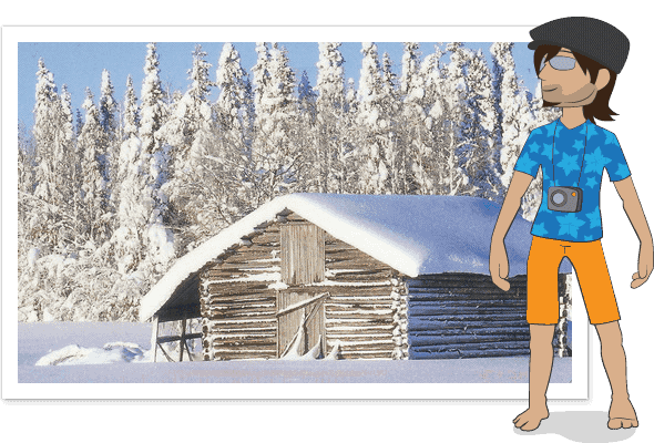 Carlos avatar standing in a hawaiian shirt and shorts, dressed inappropriately for the weather in Finland.