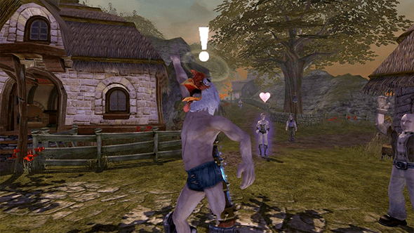 My character in Fable striking a heroic pose whilst naked expect for a giant chicken face on his head.