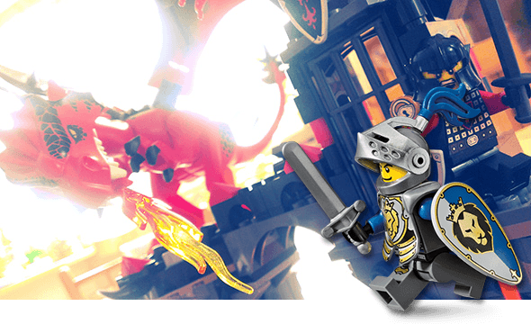 Lego knights fighting a fire-breathing Lego dragon.