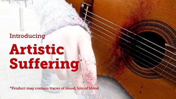 A closeup of an acoustic guitar played until its coated in blood.