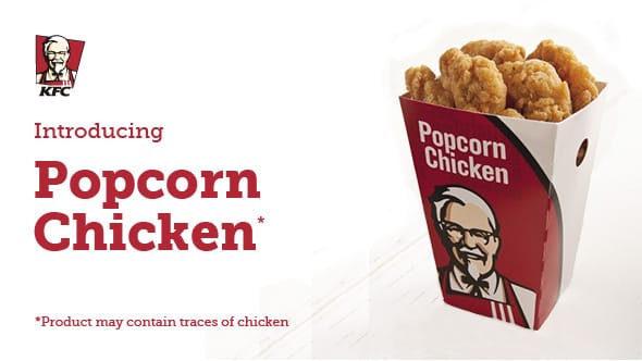 KFC Parody presenting Popcorn Chicken with the disclaimer that it may contain traces of chicken.