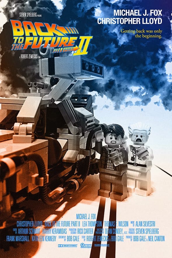 The movie poster for Back to the Future Part II re-imagined using Lego.