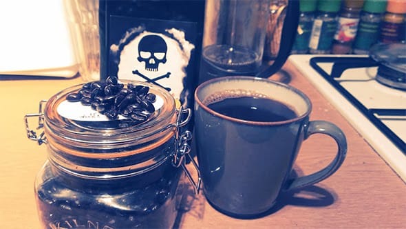 Death Wish coffee brewed and ready in my mug.