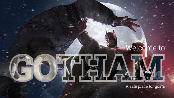 Faux postcard for Gotham with a picture of Batman punching a guy.
