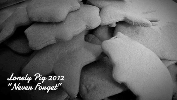 Black and white picture of gingerbread cookies, urging to not forget about the lonely pig of 2012.
