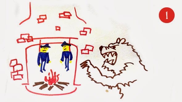 A crude drawing on bear attacking two policemen hanging by a chimney.