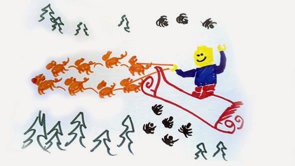 A crude drawing of a Lego minifigure riding a santa sledge drawn by tiny pigs and surrounded by little spiders.