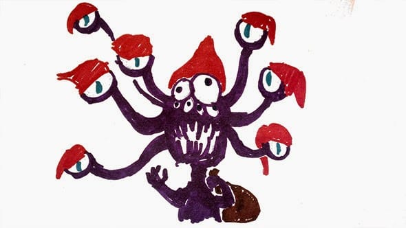 A crude drawing of a purple tentacle monster wearing a santa hat on each of its tentacle eyes.