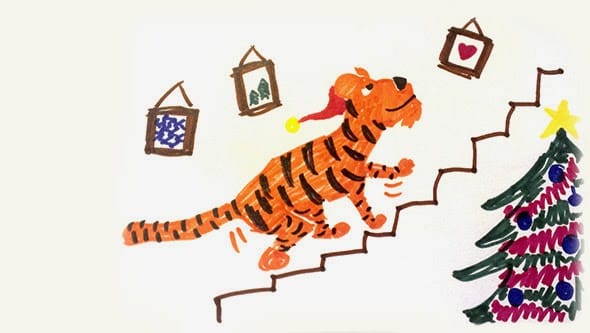 A crude drawing on a tiger wearing a santa hat running up the stairs.