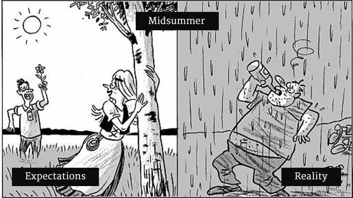Funny cartoon depicting the difference in the expectation vs reality of midsummer.