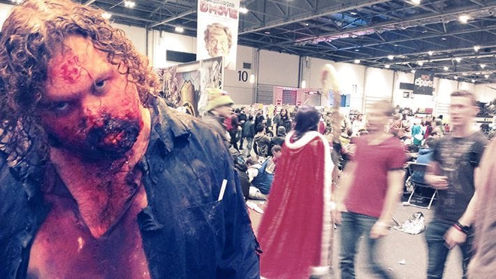 Zombie cosplayer staring blankly into the camera