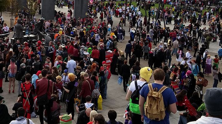 Large crowd outside of London Comic Con, October 2014