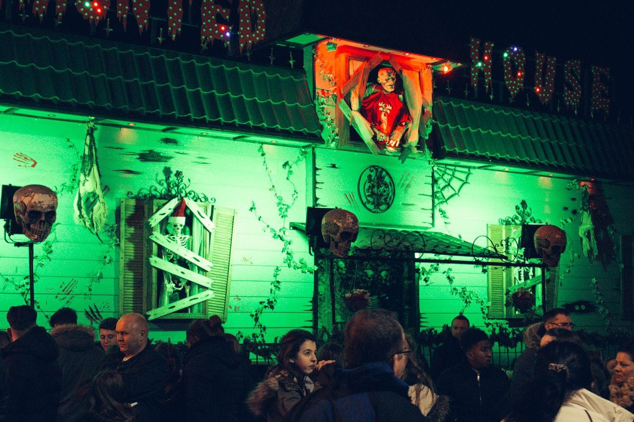 The Haunted House with its neon-green illuminated plastic skeletons.