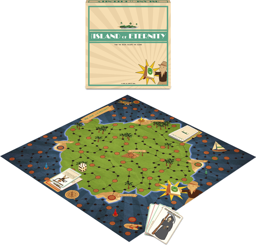 Island of Eternity mockup showing the board and box design