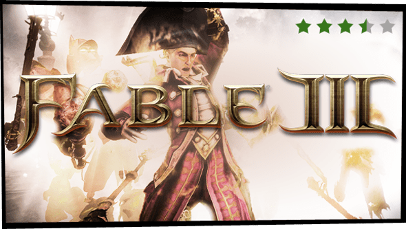 Screenshot depicting Fable III, with a score of 3.5  stars out of 5.