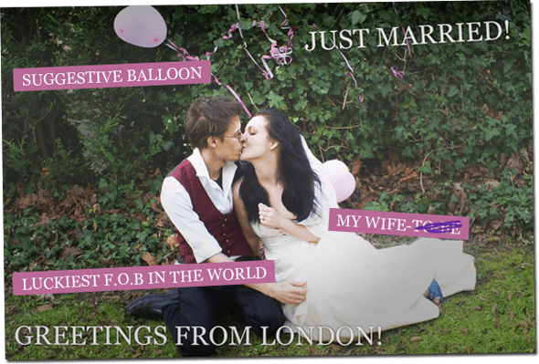 Our wedding photo, with the caption 'Just married!' overlaid.