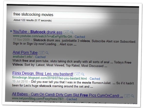 Google search results showing my blog as the third result for the term 'free slutcocking movies'.