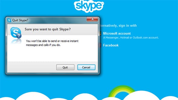 A screenshot showing Skype's incessant asking of 'Sure you want to quit Skype?'