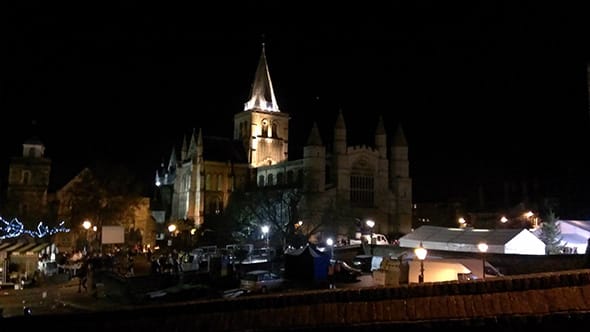 Rochester Castle illuminated by night lights.