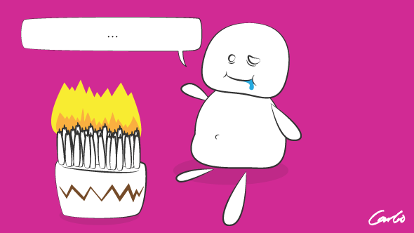 Crude cartoon drawing of a man drooling over a cake with 29 candles.
