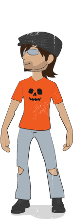 Carlos avatar wearing a orange t-shirt with a pumpkin face on it.