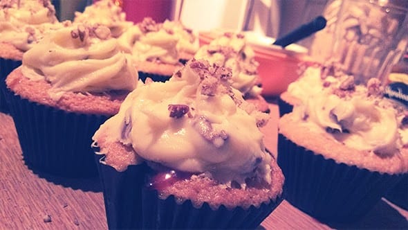 Closeup of the mint chocolate chip frosting on the delicious cupcakes.