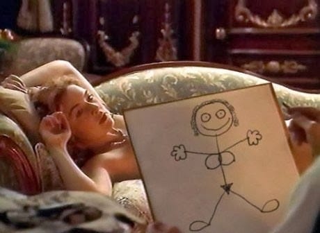 The famous scene from Titanic where Leonardo DiCaprio's character Jack is drawing Kate Winslet's character Rose as one of her french girls. Except we see that his drawing is a terrible stick figure with boobs.