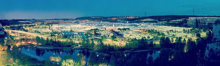 Panorama of Bluewater Shopping Centre at dusk