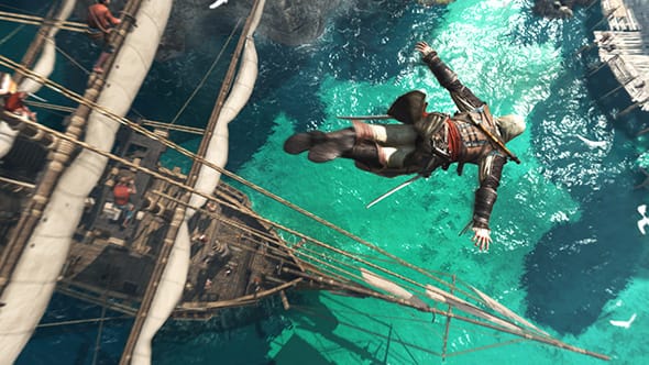 Edward Kenway jumping the mast of his ship, the Jackdaw.