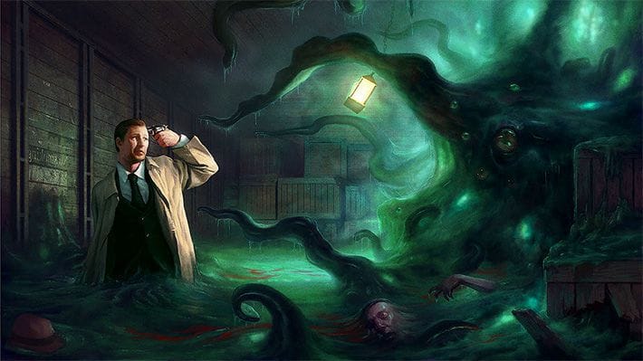 Desperate man pointing a gun at his own head as Cthulhu prepares to devour his soul