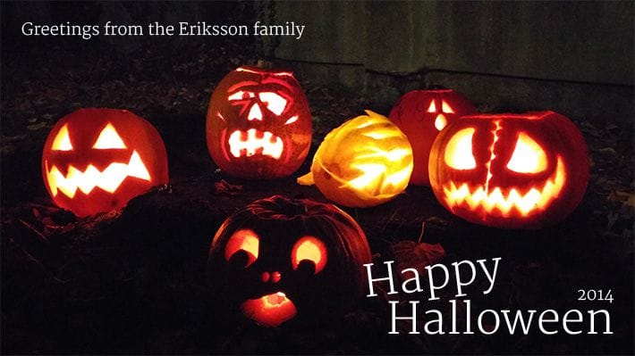 4 Jack O'Lanterns and a melon carved to look like a brain