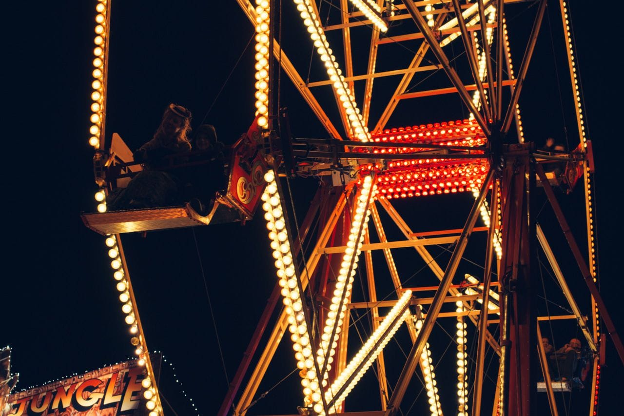 Rebecka and Lucien riding the illuminated Ferris Wheel at the Dickensian Christmas 2015.