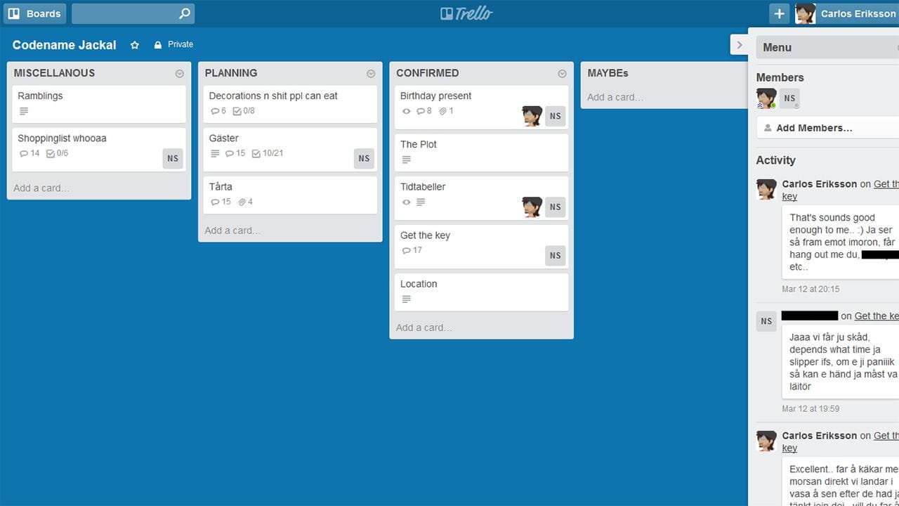 Trello board used to organise the surprise birthday party.